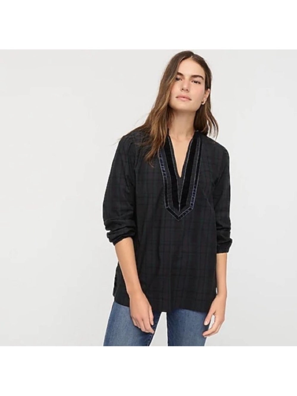 J. Crew Velvet Trimmed V-Neck Tunic blue green plaid au283 sz‎ S